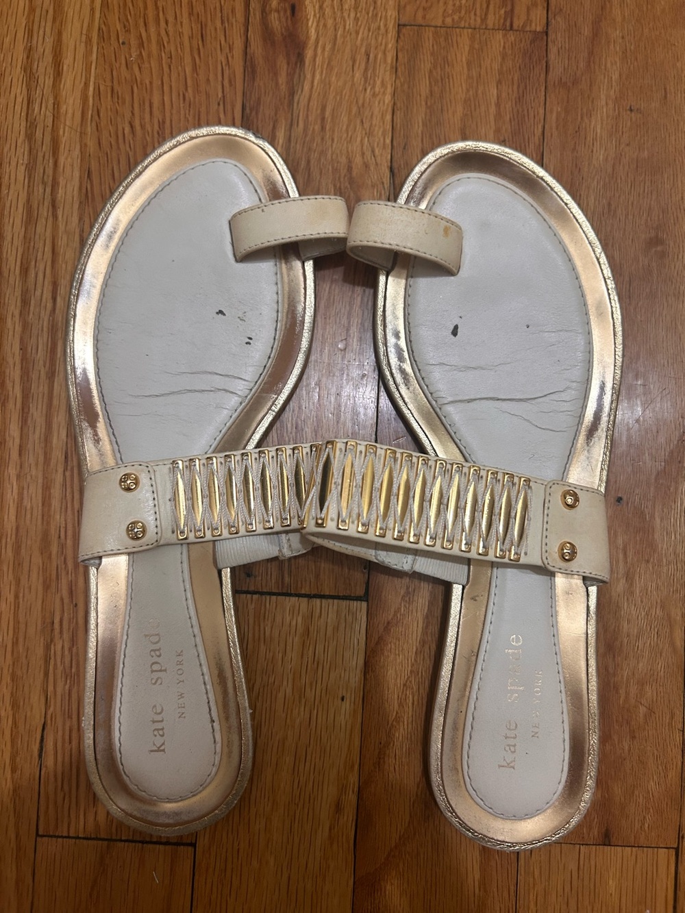 kate spade Cream Leather Slide Sandals with Gold Accent Hardware